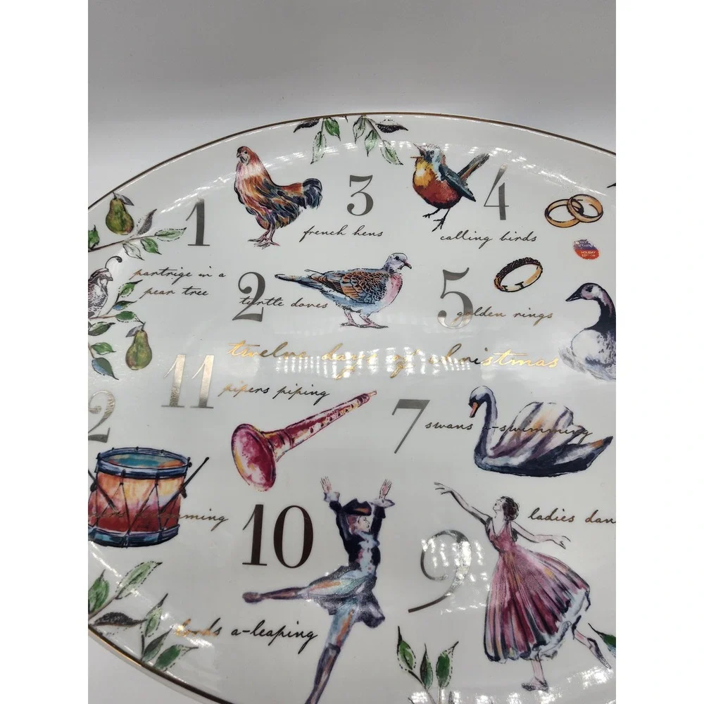 Twelve Days of Christmas Oval Serving Platter Holiday Ceramic Gold Rim White